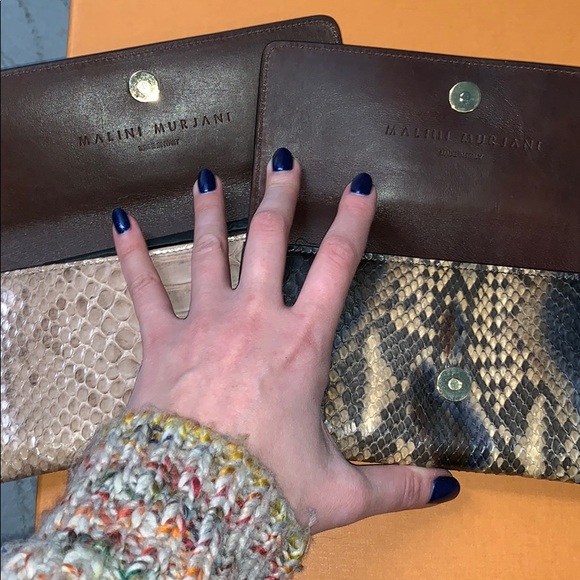 Malini Murjani Python Leather Black Beige Foldover Continental Wallet - Picture 13 of 17